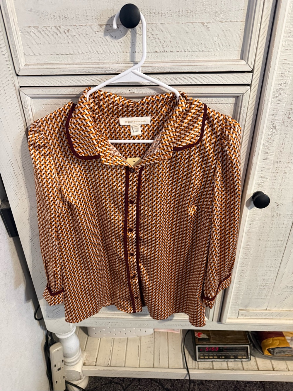 Monteau Orange and Brown Geometric Button-Up Blouse